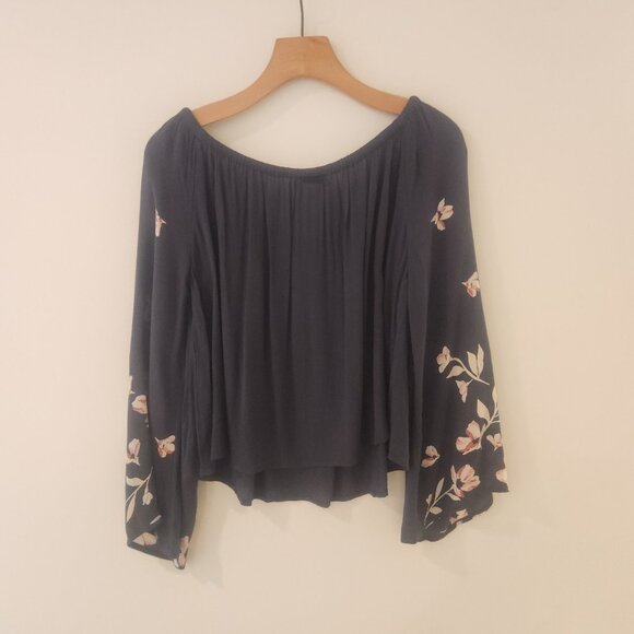 Billabong Floral Off the Shoulder Long Sleeve Top Light It Up Black Large NEW - Picture 6 of 14
